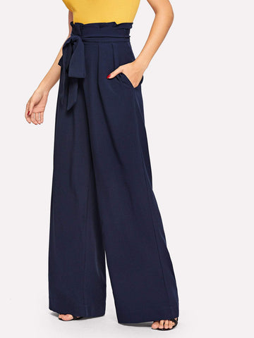 Belted Paperbag Waist Wide Leg Pants