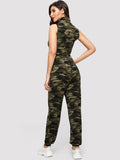 SHEIN Camouflage and Letter Print Zip Up Jumpsuit