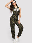 SHEIN Camouflage and Letter Print Zip Up Jumpsuit