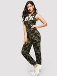 SHEIN Camouflage and Letter Print Zip Up Jumpsuit