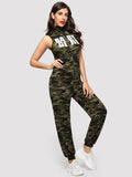 SHEIN Camouflage and Letter Print Zip Up Jumpsuit