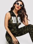 SHEIN Camouflage and Letter Print Zip Up Jumpsuit