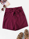 Button Front Belted Paperbag Shorts