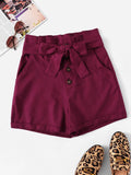 Button Front Belted Paperbag Shorts