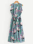 Self Tie Floral & Crane Print Jumpsuit