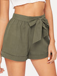 Self Belted Elastic Waist Cuffed Shorts