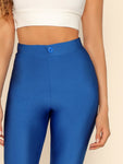 Button Front Neon Blue Crop Leggings