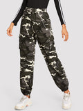 Pocket Patched Elastic Hem Camo Pants With Chain