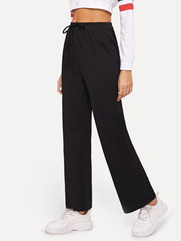 Drawstring Waist Solid Straight Leg Pants