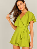 Surplice Neck Neon Lime Wrap Knotted Romper