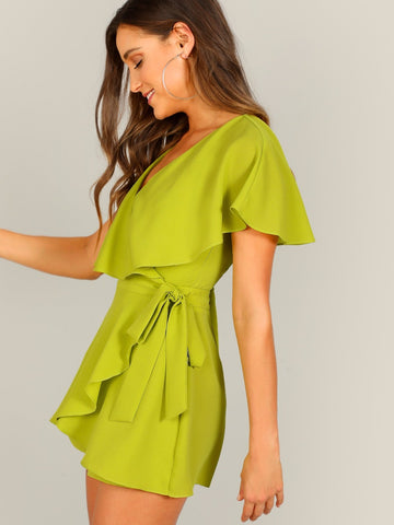 Surplice Neck Neon Lime Wrap Knotted Romper