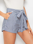 Cuffed Striped Shorts With Belt