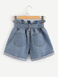 Self Belted Rolled Hem Denim Shorts