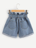 Self Belted Rolled Hem Denim Shorts