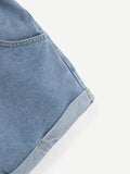 Self Belted Rolled Hem Denim Shorts