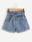 Self Belted Rolled Hem Denim Shorts