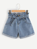 Self Belted Rolled Hem Denim Shorts