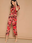 Rolled Tab Sleeve Knot Front Leopard Jumpsuit