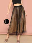 High Waist Striped Mesh Overlay Skirt