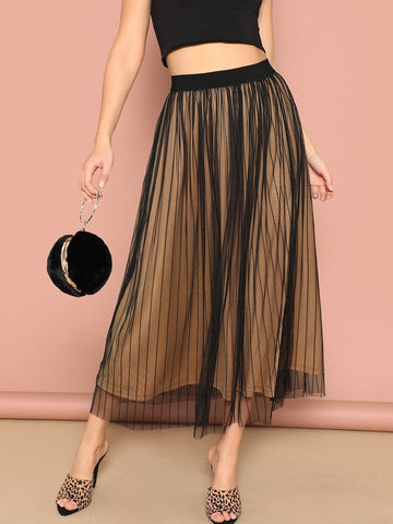High Waist Striped Mesh Overlay Skirt