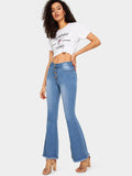 Button Waist Raw Hem Flare Leg Jeans