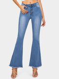 Button Waist Raw Hem Flare Leg Jeans