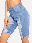 Zip Fly Ripped Denim Shorts