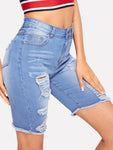 Zip Fly Ripped Denim Shorts