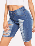 Zip Fly Ripped Denim Shorts