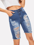 Zip Fly Ripped Denim Shorts