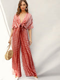 Plunging Neck Batwing Sleeve Tie Front Palazzo Jumpsuit