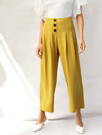 Zip Back Buttoned Front Pleated Wide Leg Pants