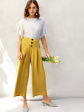 Zip Back Buttoned Front Pleated Wide Leg Pants