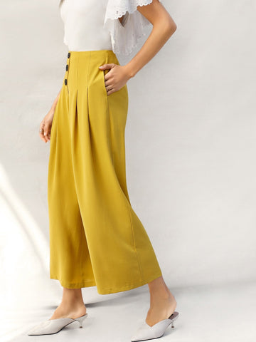 Zip Back Buttoned Front Pleated Wide Leg Pants