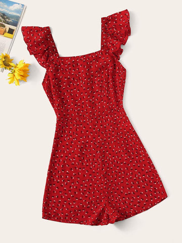 Ruffle Trim Floral Romper