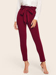 Frill Trim Bow Tie Waist Solid Pants