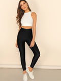 Buttoned Waist Solid Crop Leggings