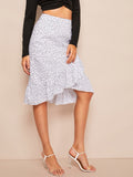 Asymmetrical Ruffle Hem Polka-dot Wrap Skirt