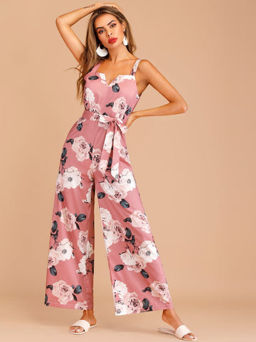 Floral Print Zip Back Belted Cami Jumpsuit