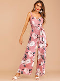 Floral Print Zip Back Belted Cami Jumpsuit