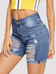 Distressed Rolled Hem Denim Cycling Shorts