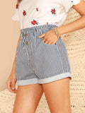 Paperbag Waist Button Front Striped Cuffed Shorts