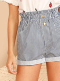 Paperbag Waist Button Front Striped Cuffed Shorts