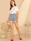 Paperbag Waist Button Front Striped Cuffed Shorts