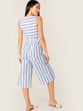 Slant Pocket Sleeveless Striped Belted Jumpsuit