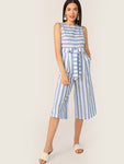 Slant Pocket Sleeveless Striped Belted Jumpsuit