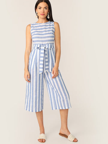 Slant Pocket Sleeveless Striped Belted Jumpsuit