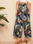 Belted Frilled Waist Tropical Print Palazzo Pants