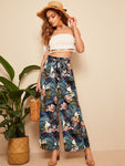 Belted Frilled Waist Tropical Print Palazzo Pants