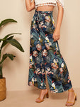 Belted Frilled Waist Tropical Print Palazzo Pants